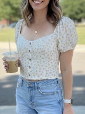 Billabong Women's Sweet Memory Knitop Sz L Floral Print Puff Sleeves Faux Button